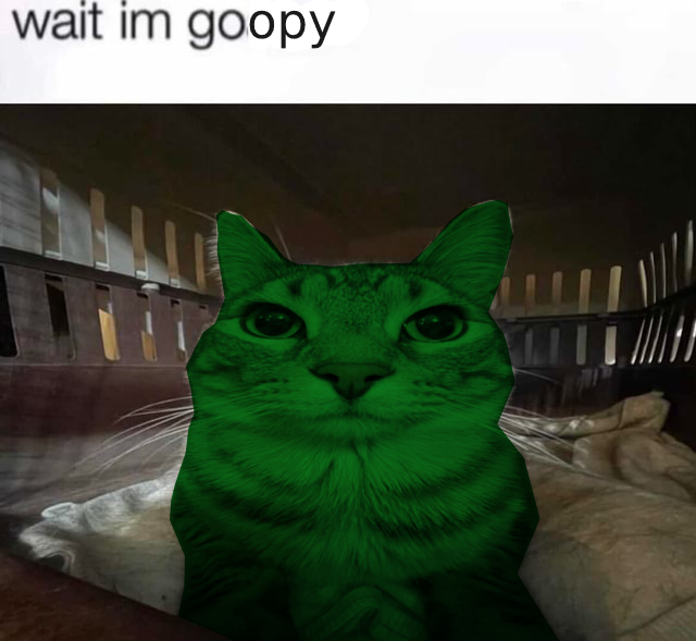 Green cat with top text: wait im goopy